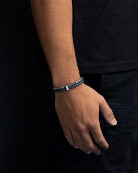 Doppelarmband mit italienischem Leder und 4 mm Larvikit-Stein - Double Grey